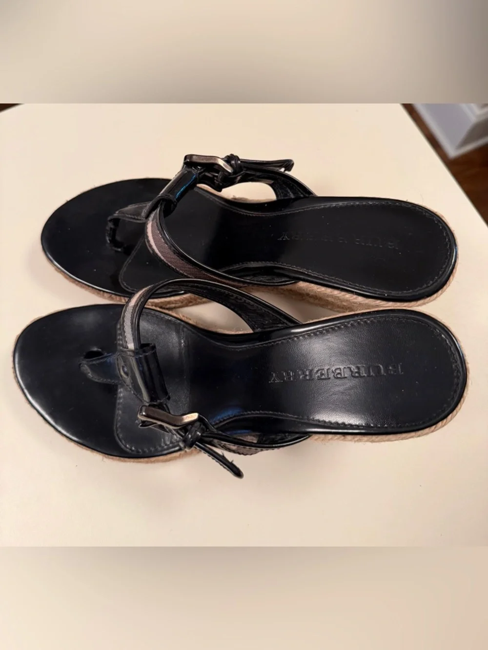 Burberry Wedge Sandals |Black Patent Leather Nova Check Strap Espadrille Size 8 - Picture 7 of 10